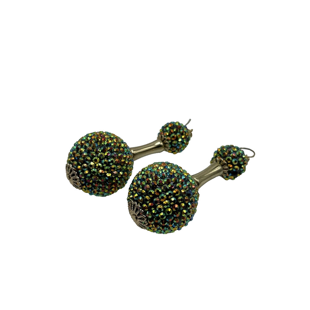 Green Aurora‎ Borealis Sparkly Rhinestone Disco Ball Dangle Drop Earrings